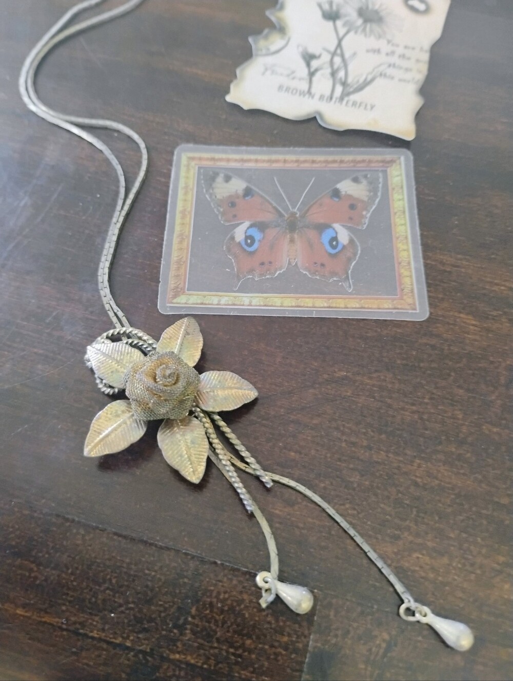 Vintage, Necklace Lariat Style, Metallic Rosette Flower Layering Necklace Long